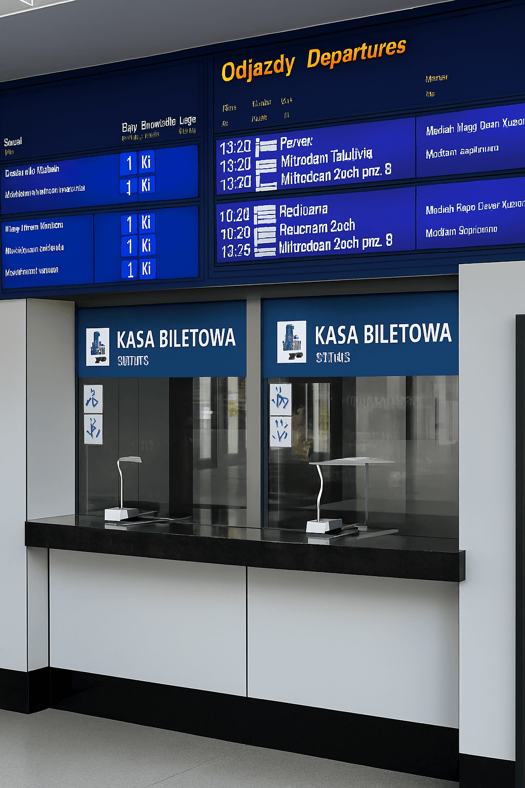 Rail passenger information display in ticket hall for small Railway Station